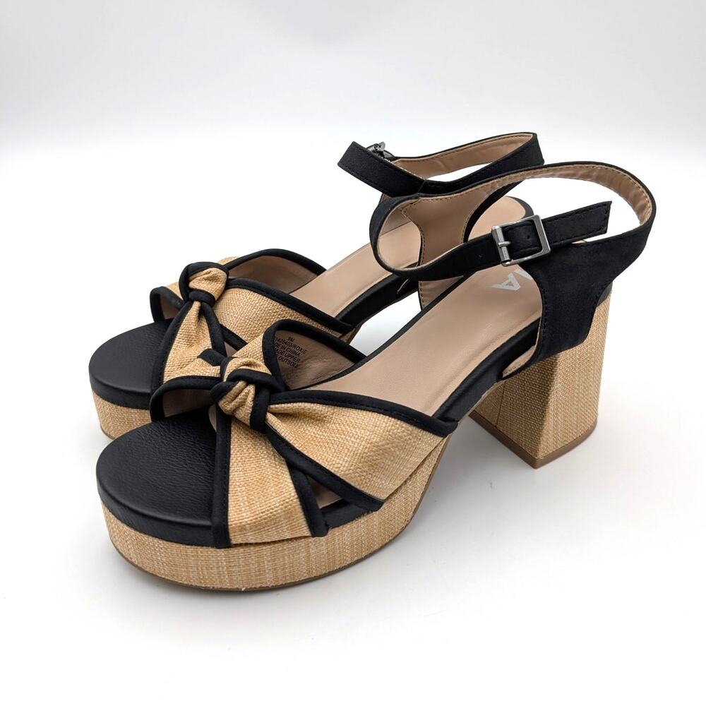 Mia Roxie Knot Platform Block Heel Sandals Women's Black/Raffia Size US9M EU40